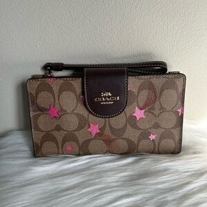 Coach Tech Wallet Signature Canvas Disco Star Khaki Pink C7292 Wristlet New